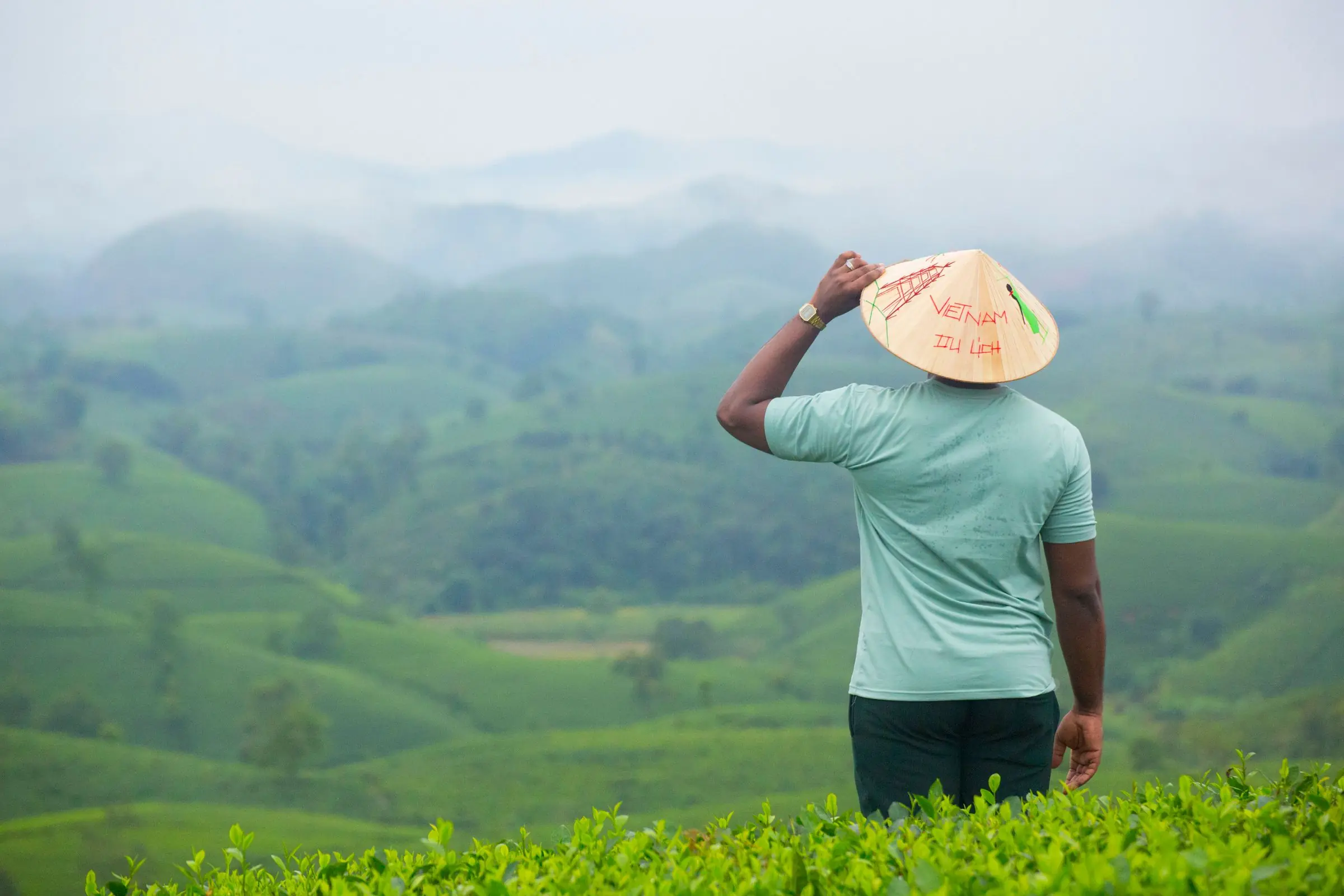 Người nông dân đội nón lá trên đồi xanh